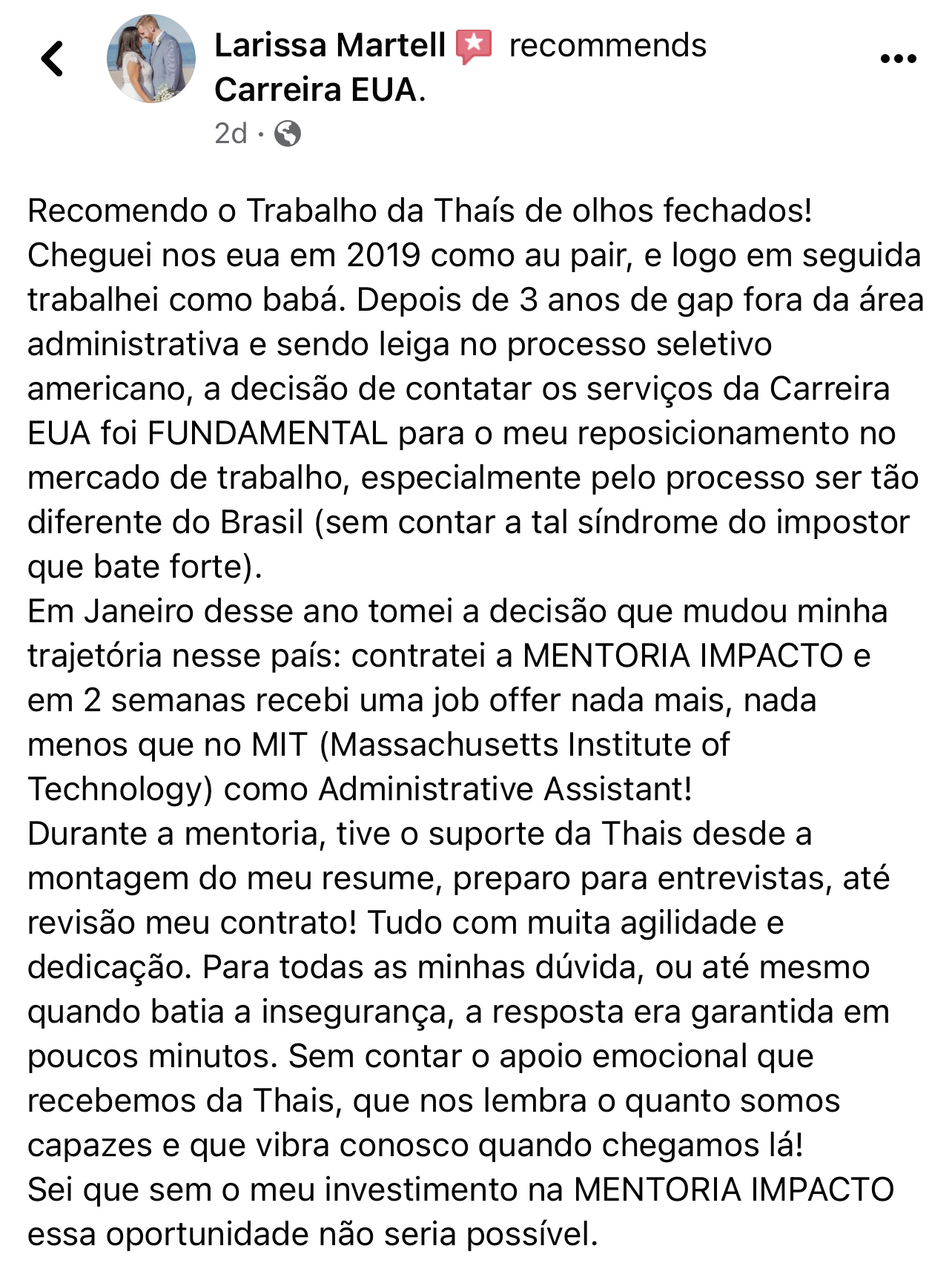 Larissa Martelli recomenda a CarreiraUSA no LinkedIn após receber oferta no MIT