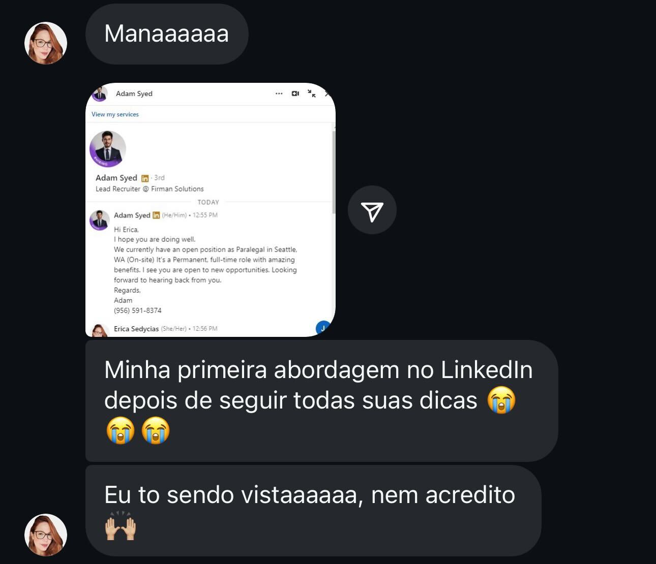 Primeira abordagem de recrutador no LinkedIn após dicas da CarreiraUSA