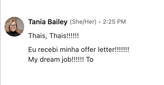 Tania Bailey recebeu offer letter do dream job