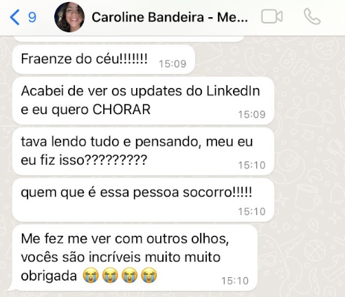 Caroline Bandeira emocionada com as melhorias no LinkedIn